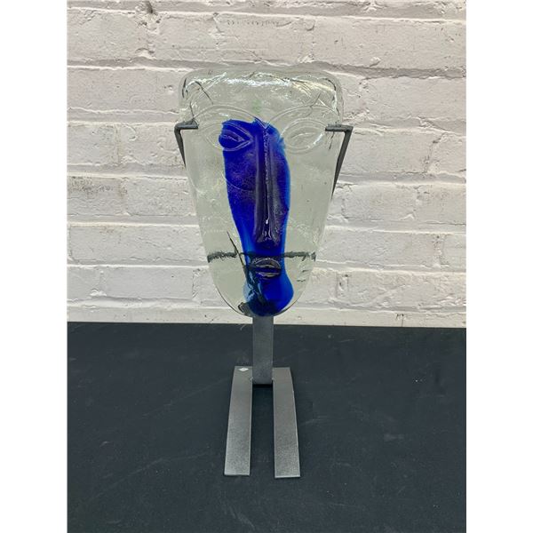 Made in Mexico Art Glass Blown Glass Clear & Cobalt 10" Mask with Display Stand