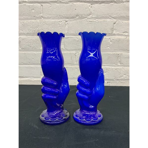 Pair of Vintage Cobalt Art Glass Hand Holding Vase, 9" Vases