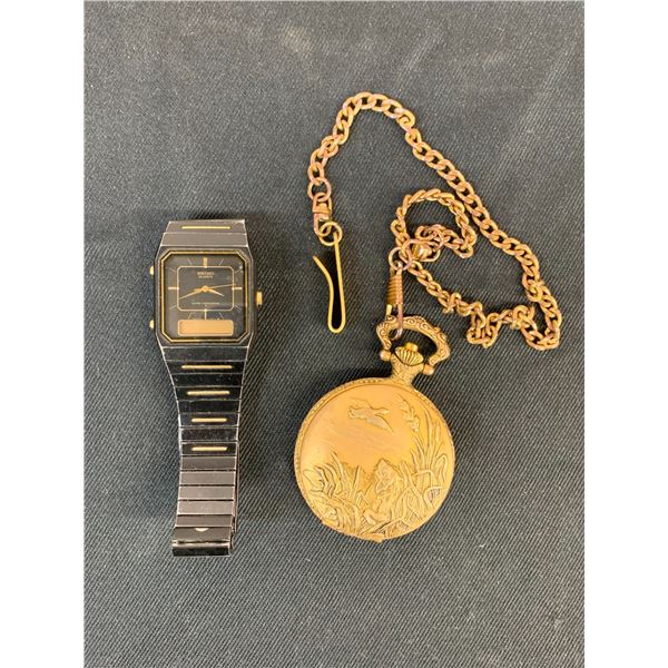 SEIKO Quartz Black Watch and Pocket Watch