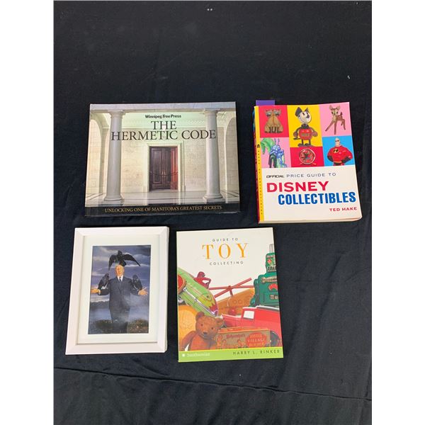 3 Books (toy collecting, hermetic code) and Framed Alfred Hitchcock Photo