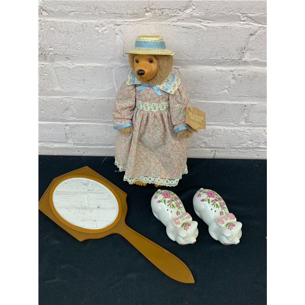 Raikes Wooden Face Bear Plush, Bakelite Mirror and Salt / Pepper Ceramic Shakers