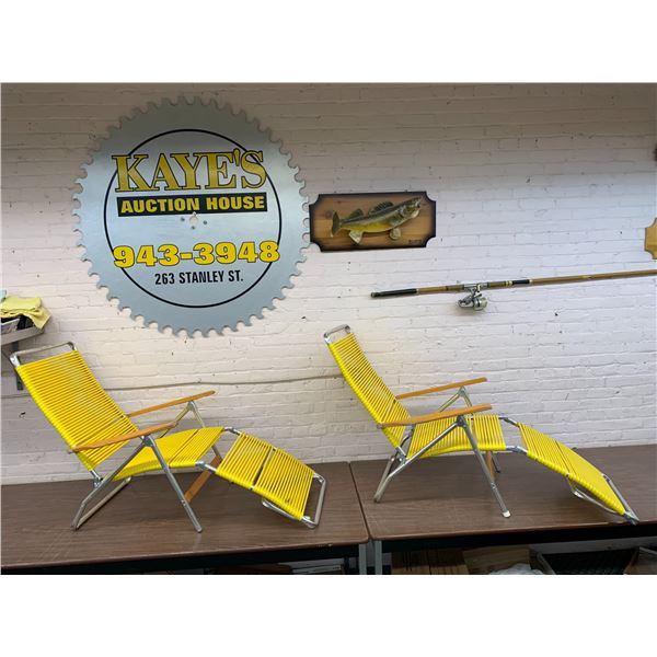 Lot of 2 Vintage Mid Century Chrome and Wood Frame with Plastic Yellow Webbed Seat Telescope