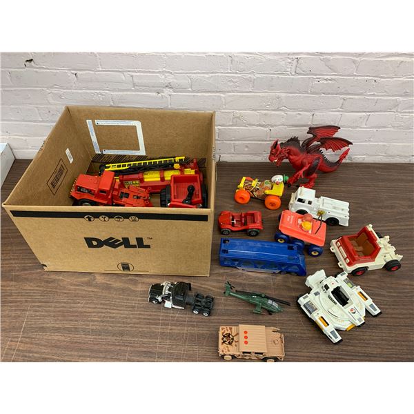 Large Box of Vintage Toy Cars, Trucks, Dragon, Lots of Tonka, Fisher Price, etc