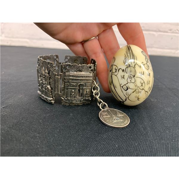 Paris Cuff Bracelet Souvenir and Stone Egg, Asian Hand painted Designs