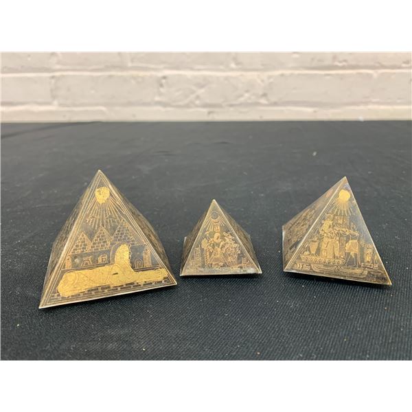 Lot of 3 Metal Etched Brass-Tone Pyramids Desk Ornaments
