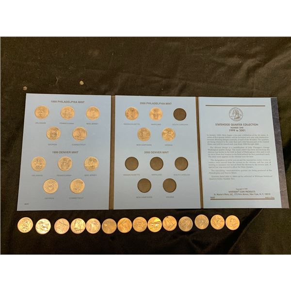 USA Statehood Quarters Book 1 (14 coins, incomplete) and 14 loose for Book 2 (no book)