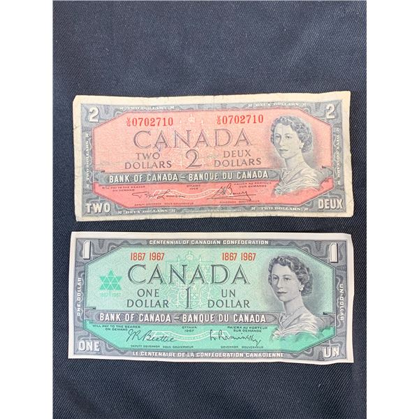 1954 $2 Bill, 1967 $1 Bill (circulated)