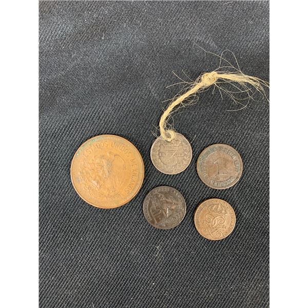 Lot of 5 Antique Coins 1887 German Penning, 1899 Belgium 2 cent, 1883 3 Pence, 1945, 1924