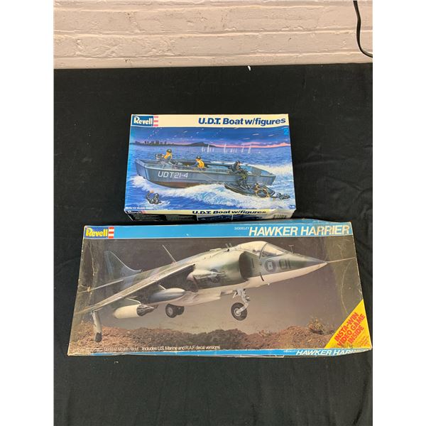 Lot of 2 Revell Model Kits 1/32 Scale Hawker Harrier and UDI Team Boat w Figures