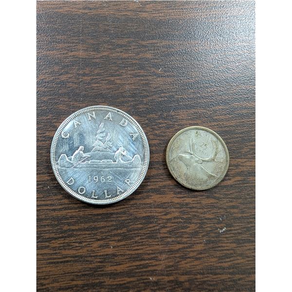 Lot of 2 Canada Silver Coins 1962 $1 1956 quarter