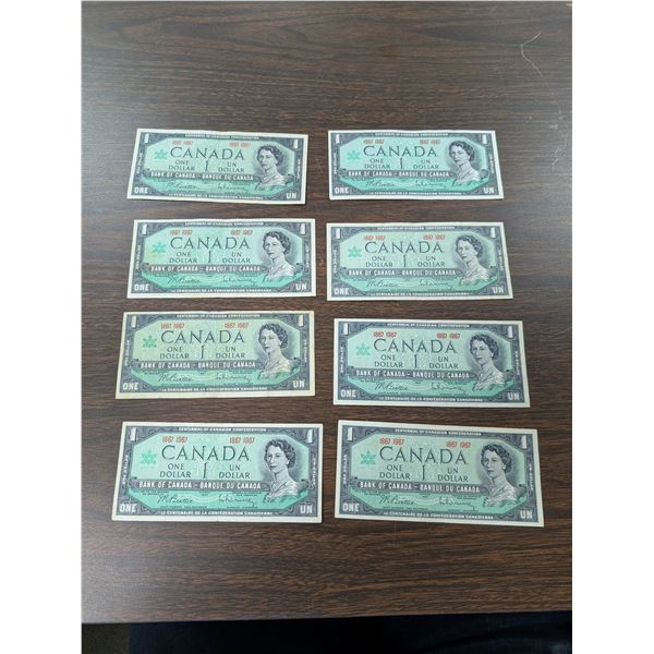 Lot of 8 1967 Canada $1 Bills Circulated Condition