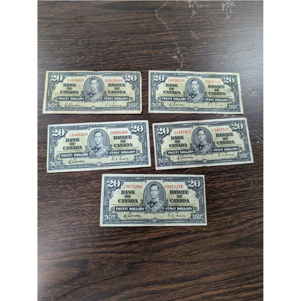 Lot of 5 1937 $20 Bills Circulated Condition