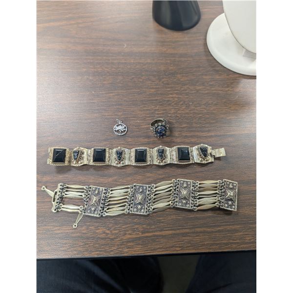 Lot of Vintage Mexico "Silver" Jewelry Bracelets Ring Charm