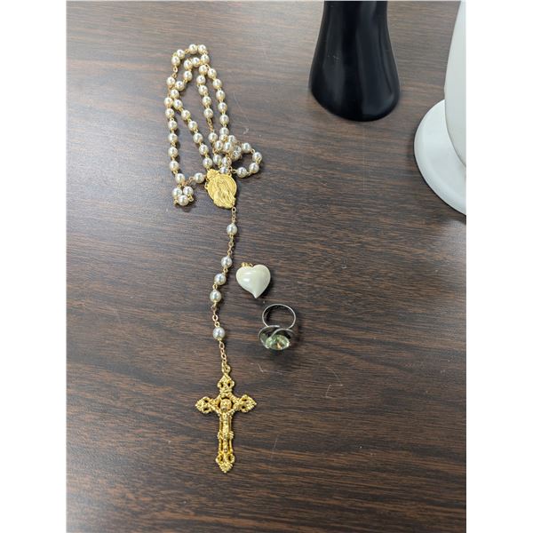 Lot of 3 Rosary Ivory Tone Heart Pendant Sterling Silver Ring