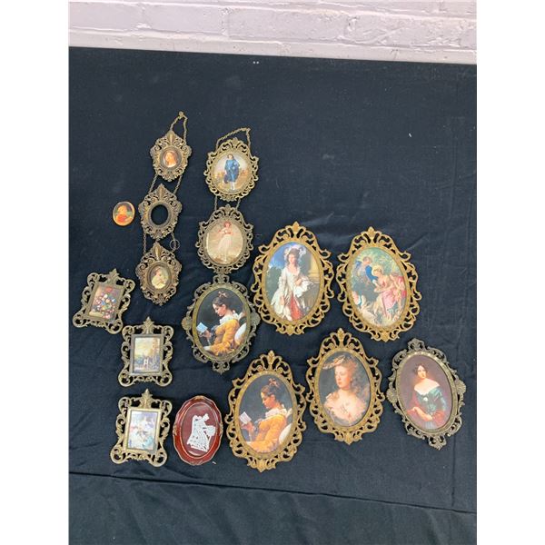 Lot of Vintage Style Picture Frames with Vintage Art Prints Inside