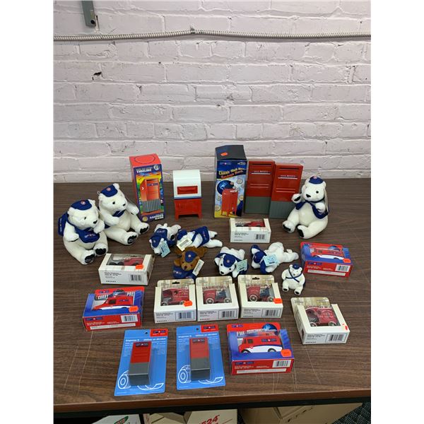 Large Collection of Canada Post Promotional Memorabilia Die Cast Trucks, Coin Banks, Plush Bears