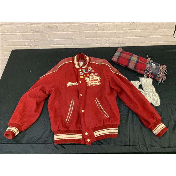 Roots 2002 Team Canada Varsity Jacket Salt Lake City Size M with Gloves, Scarf, Pins