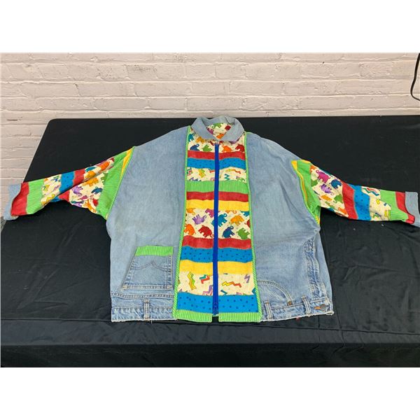 Handmade Jean and Patchwork Elephant Pattern Zip-Up Jacket