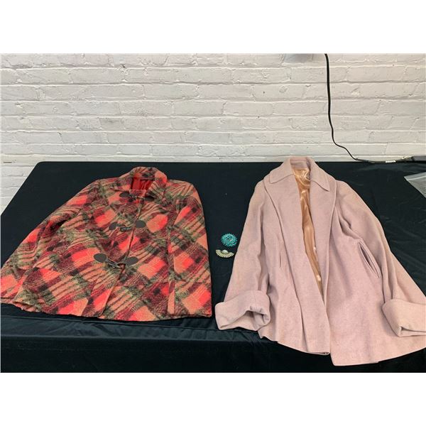 Lot of 2 Vintage Women's Winter Coats and 2 Brooches Robert Kitchen Size L, Unmarked Dusty Pink