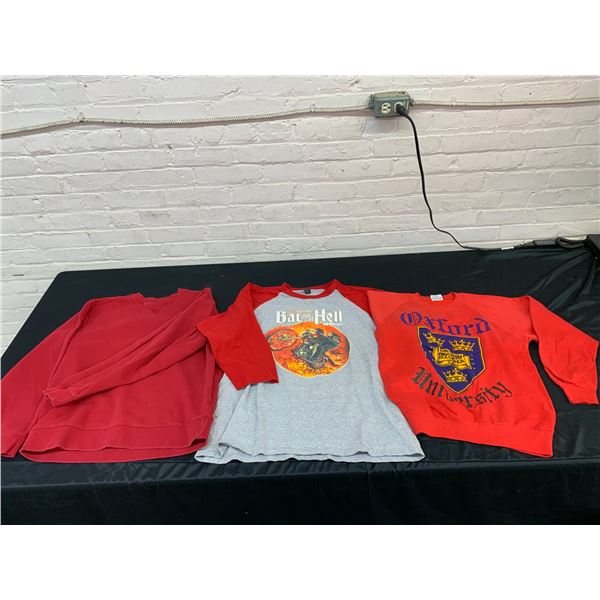 Lot of 3 Pullover Crewneck Sweaters Oxford University, Bat out of Hell, Solid Red