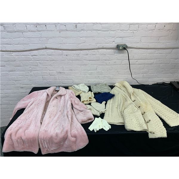Lot of Knit Gloves, Sweater *stain* and Pink Faux Fur Coat, Scarf