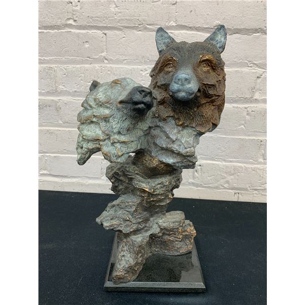 Bronze Wolf Sculpture "2 Cubs"? Quartz Stone Base Decorative Figurine 15" tall
