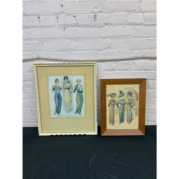 Lot of 2 Vintage Women's Catalogue Fashion Drawing Advertisements, Framed