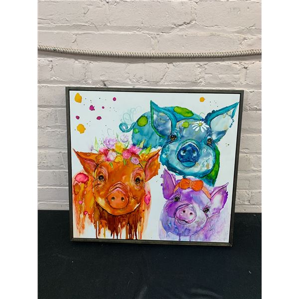 Original Artist Signed Mixed Media Trio of Pigs Painting, 20" x 19"  Winnipeg Artist, Pulse Gallery