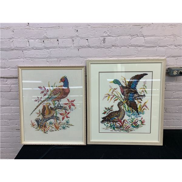 Pair of Cross-Stitch Ducks and Pheasants Framed Wall Art