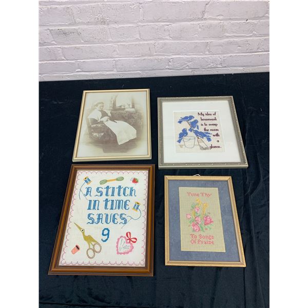Lot of 4 Framed Wall Art, Cross-Stitches, Quotes, Antique Photograph