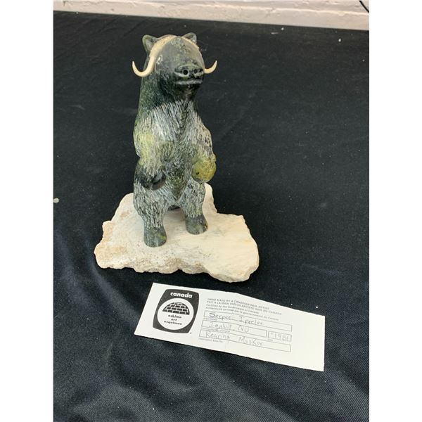 Carved Soapstone Rearing Muskox by 8" Seepee Ipeelee Inuit Artwork Artist Signed