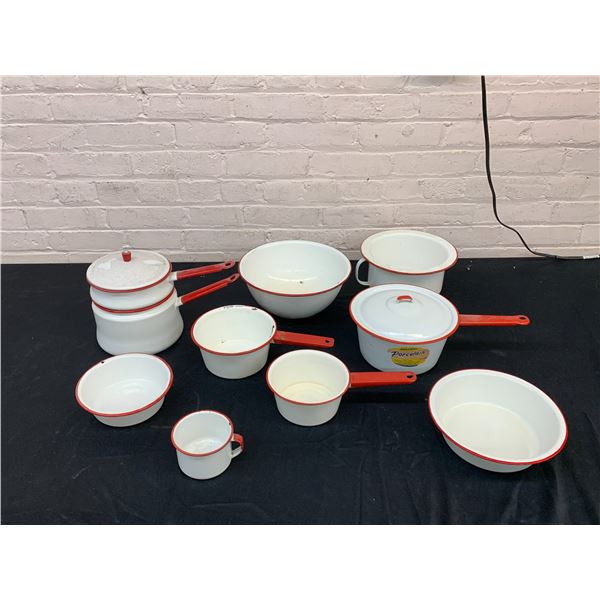 Lot of 9 Porcelain Enamel Cookware pcs Kanawha Pots, Bowls, Double Boiler