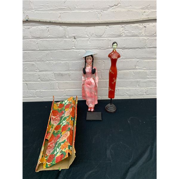 Lot of Asian Plastic Doll and Wooden Carved Doll