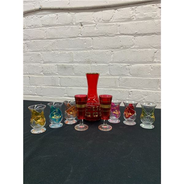 Lot of 9pcs Glassware Decanter and Drink Glasses Red, Colorful, Ornate