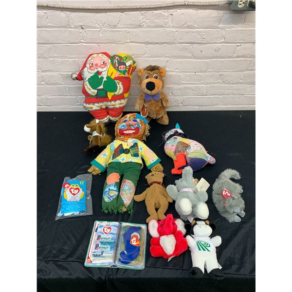 12pcs Vintage Plush Toys TY Beanie Baby, Patchwork Scarecrow, Santa, etc