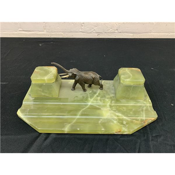 Solid Green Stone Ink Desktop Set with Bronze Elephant