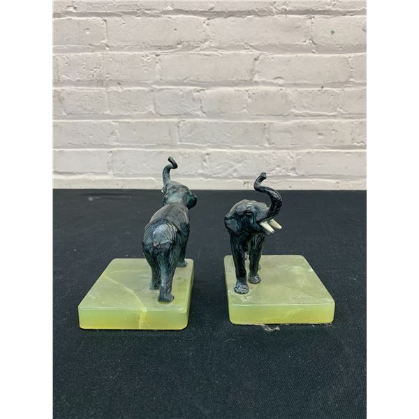 Green Stone & Metal Elephant Bookends