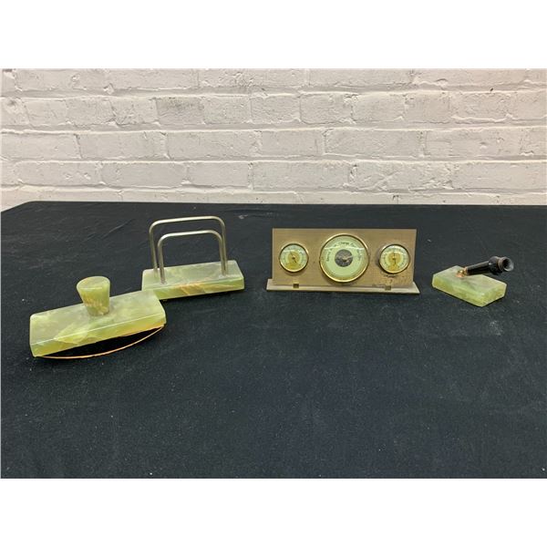 Green Stone Writing Desk Tools, Letter Holder, Pen Holder & Barometer
