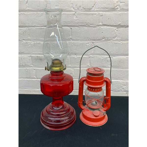 Lot of 2 Glass Oil Lamps, Red