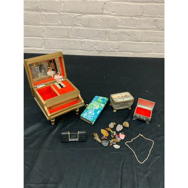 Lot of Ballerina Music Box Jewelry Box, Trinket Boxes, Rock Specimens, Pocket Alarm Clock, Case