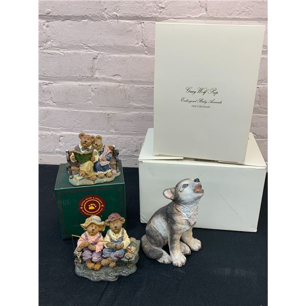 Lot of 2 Boys Bears Polystone Figurines (1 damaged) and Gray Wolf Pup Porcelain Figurine