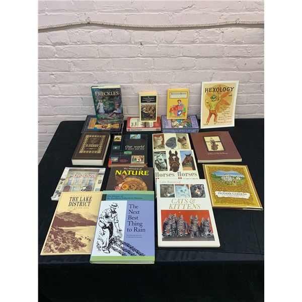 Lot of 18 Books History, Cats, Horses, Hexology, Freckles, Charles Dickens, Nonsense Novels, etc