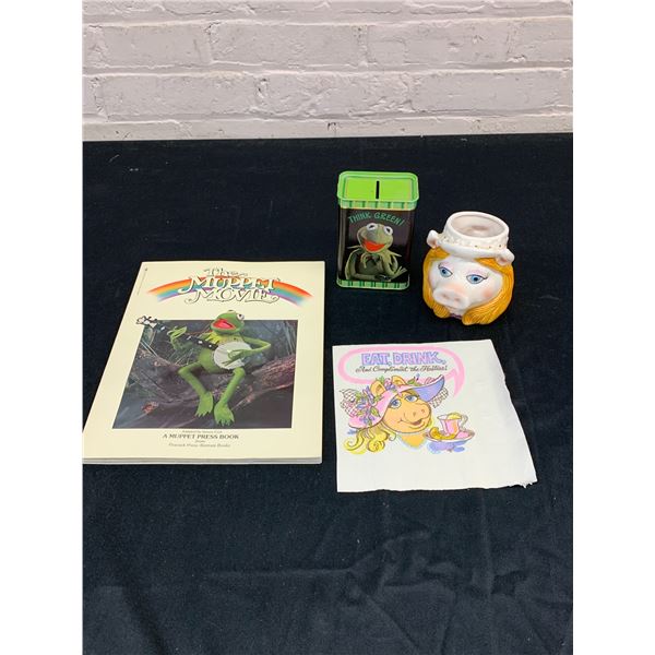 Lot of 4 The Muppets Muppet Movie Book, Miss Piggy Character Mug, Kermit Coin Bank
