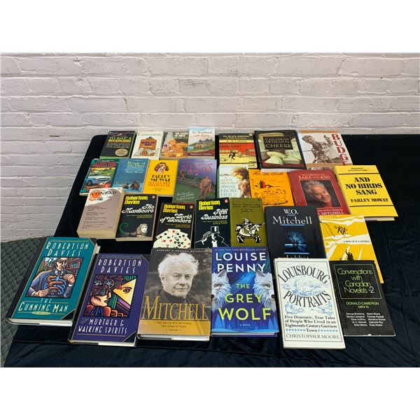 Lot of 28 Assorted Books  Louis Penny, WO Mitchell, Budge, Cheese, Robertson Davies, etc