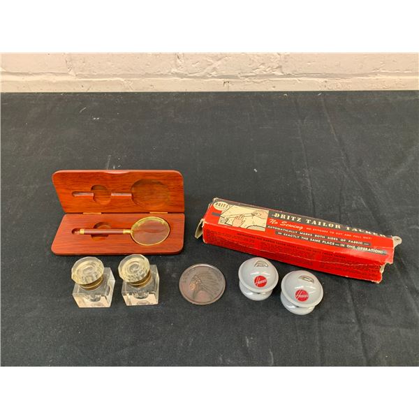 Dritz Tailor Tacker, Ink Wells, Magnifying Glass, Hoover Measuring Tape, etc