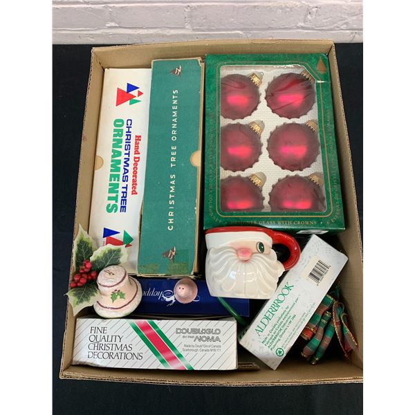 Box of Vintage Christmas Tree Ornaments & Misc Decor