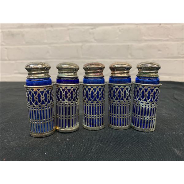 Lot of 5 EP Brass & Cobalt Glass Salt/Pepper Shakers