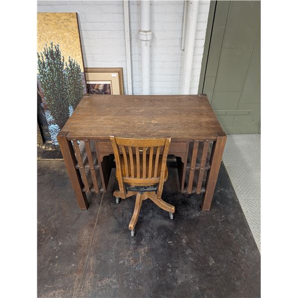 Antique Arts and Crafts Mission Oak Library Table Desk Plus Rolling Office Chair