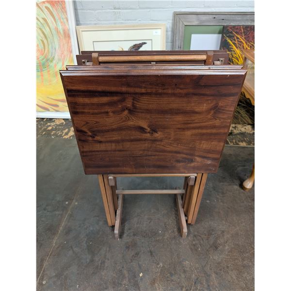Vintage Dark Wood Top TV Tray Tables w/ Stand