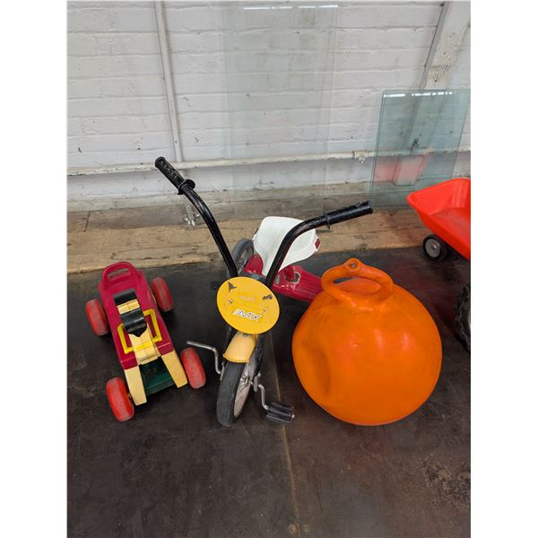 Lot of 3 Vintage Kids Ride On Toys Hopping Ball, Fisher Price Horse Mini MX Tricycle